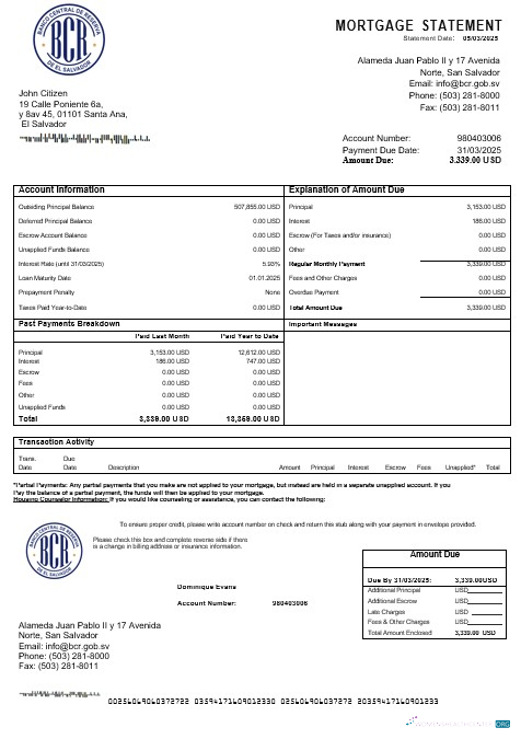 Download Salvador Banco Central de Reserva mortgage statement in Word and PDF formats Photoshop template